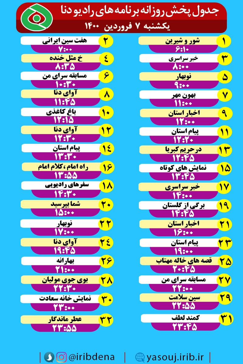 جدول پخش برنامه&zwnj;های رادیوی شبکه دنا