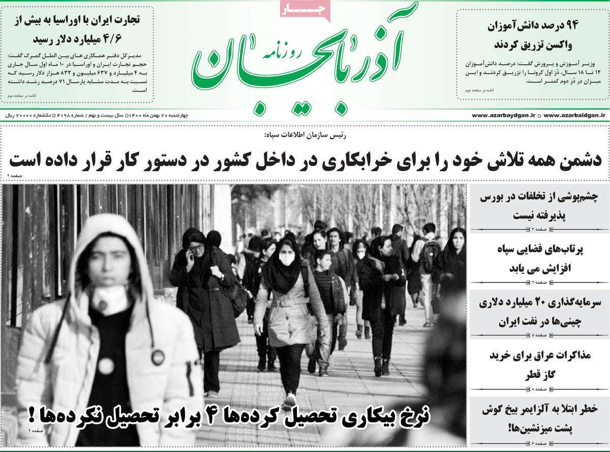 صفحه نخست روزنامه&zwnj;های استانی - چهارشنبه ۲۰ بهمن