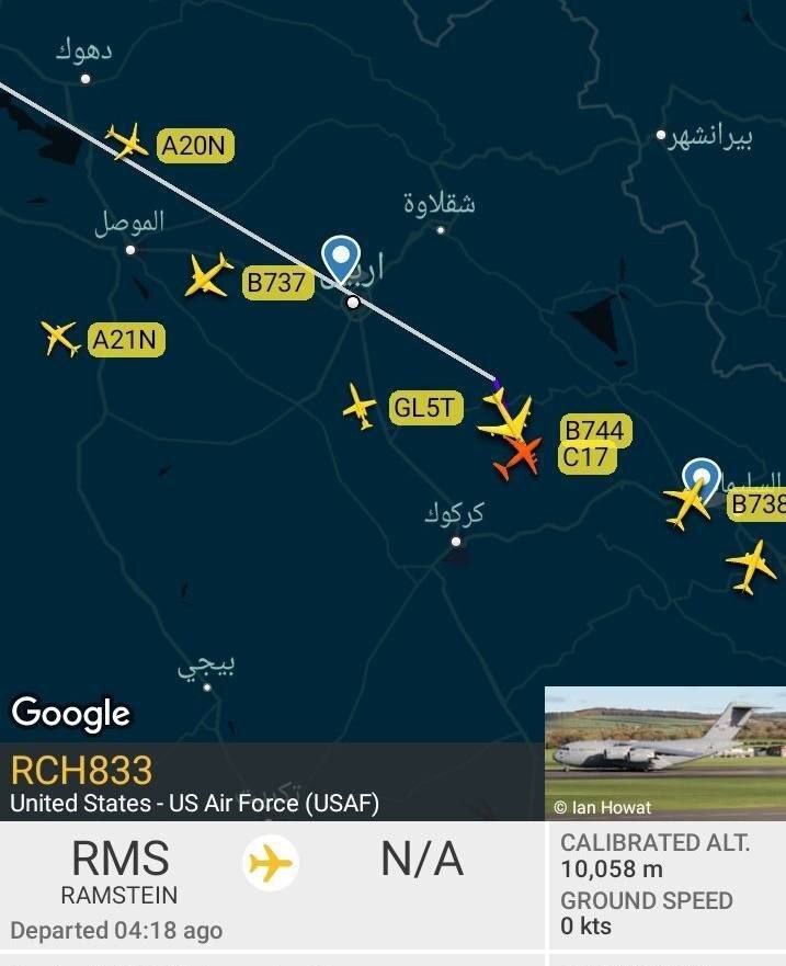 حرکت هواپیمای آمریکا برای انتقال مجروحان حمله موشکی به اربیل