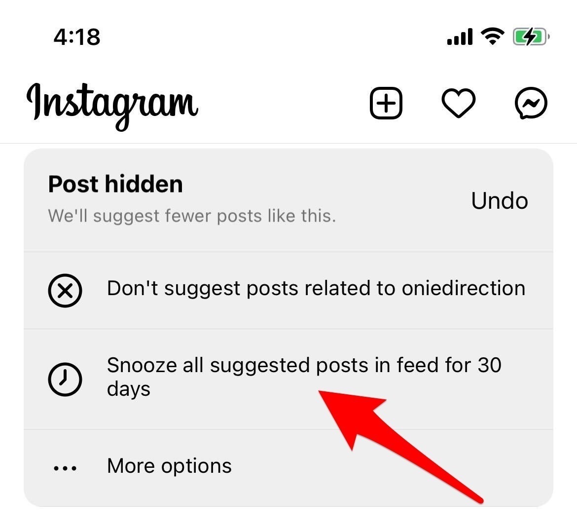 گزینه Snooze all suggested posts in feed for ۳۰ days