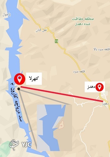مسیر انتقال آب از دهدز به روستای کهرلا و فاصله کم آن تا دریاچه سد