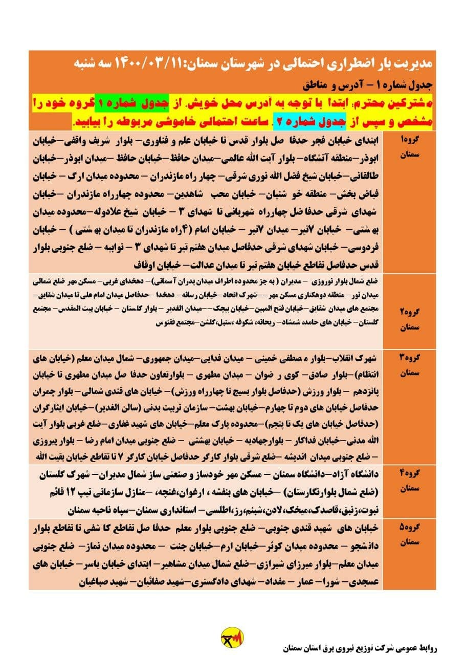 برنامه مدیریت بار اضطراری برق دهم خرداد در استان سمنان