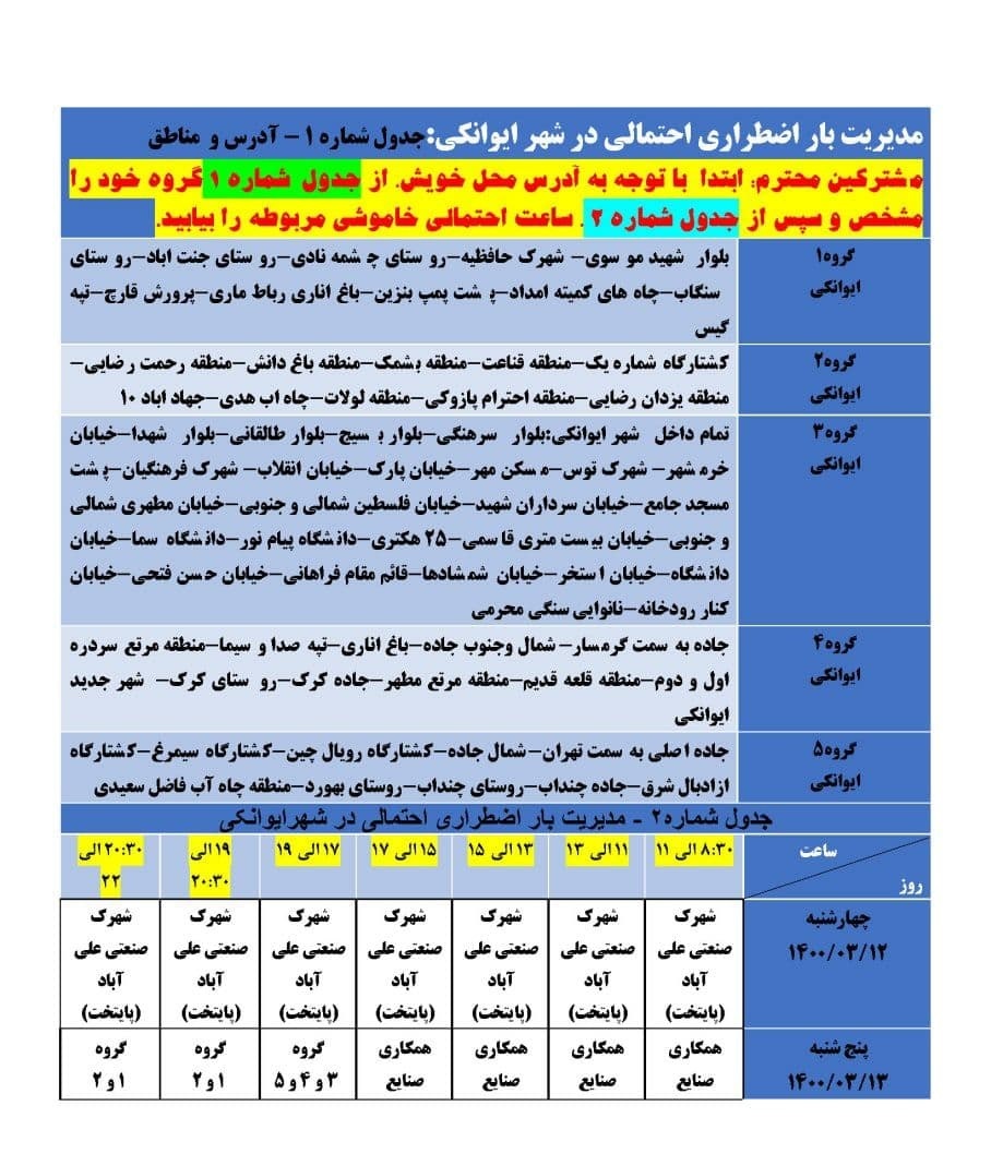 برنامه مدیریت بار اضطراری برق دوازدهم و سیزدهم خرداد در استان سمنان