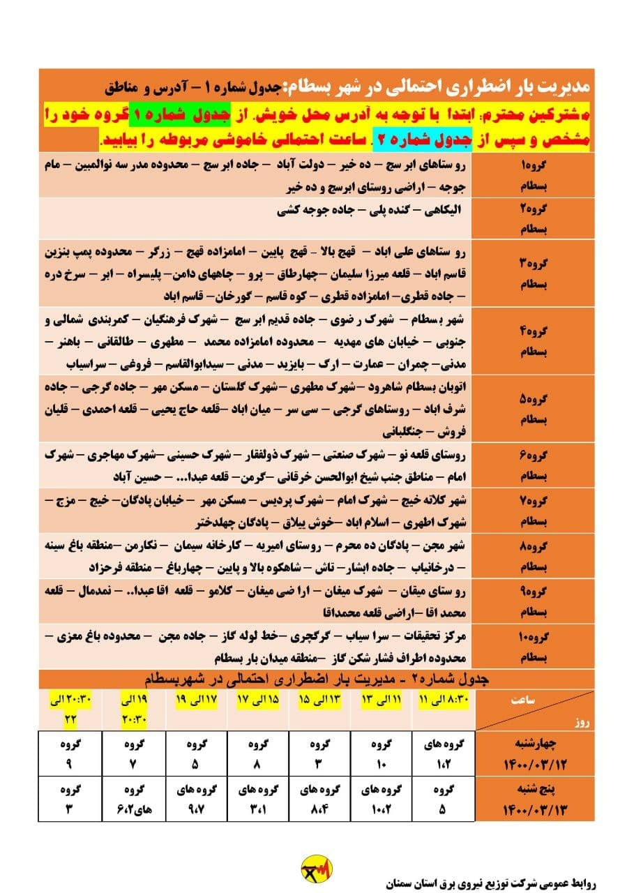 برنامه مدیریت بار اضطراری برق دوازدهم و سیزدهم خرداد در استان سمنان