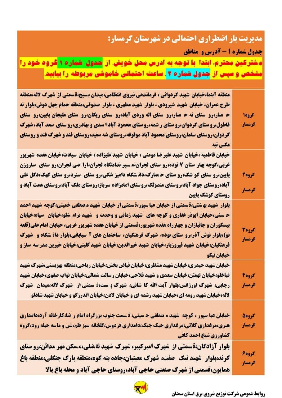 برنامه مدیریت بار اضطراری برق دوازدهم و سیزدهم خرداد در استان سمنان