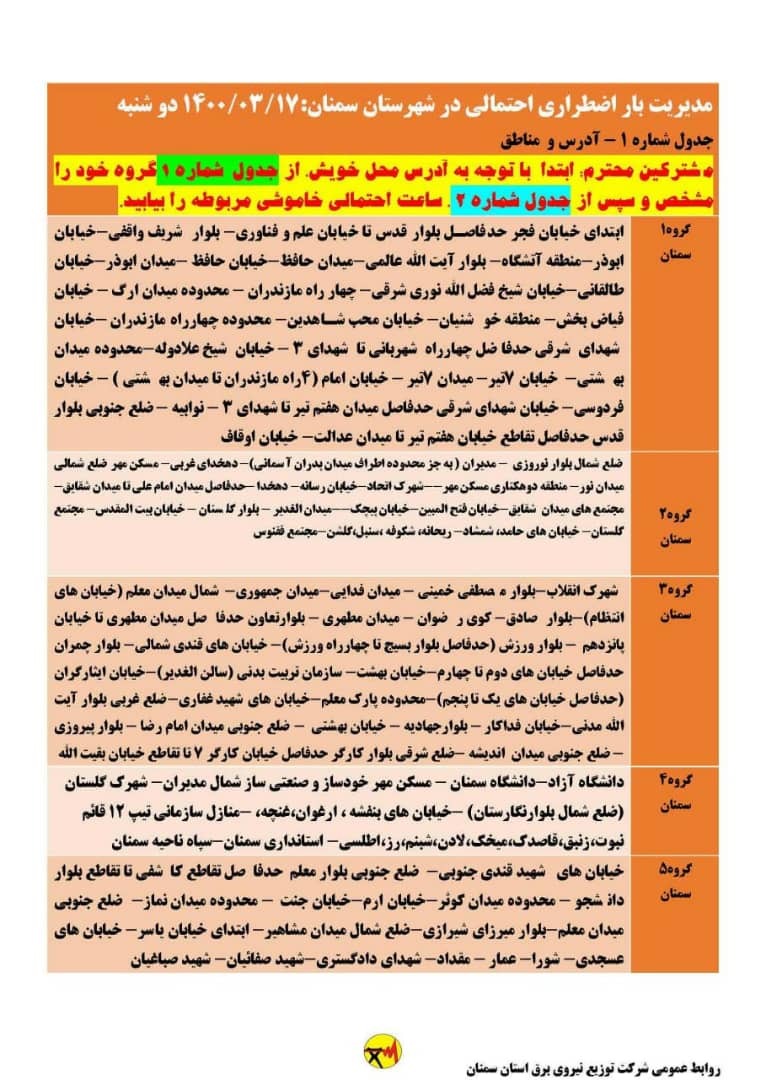 برنامه مدیریت بار اضطراری برق هفدهم خرداد در استان سمنان