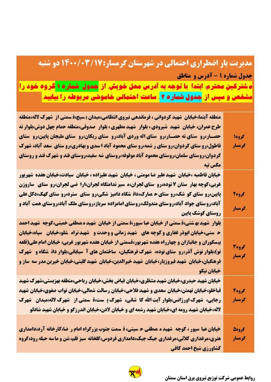 برنامه مدیریت بار اضطراری برق هفدهم خرداد در استان سمنان