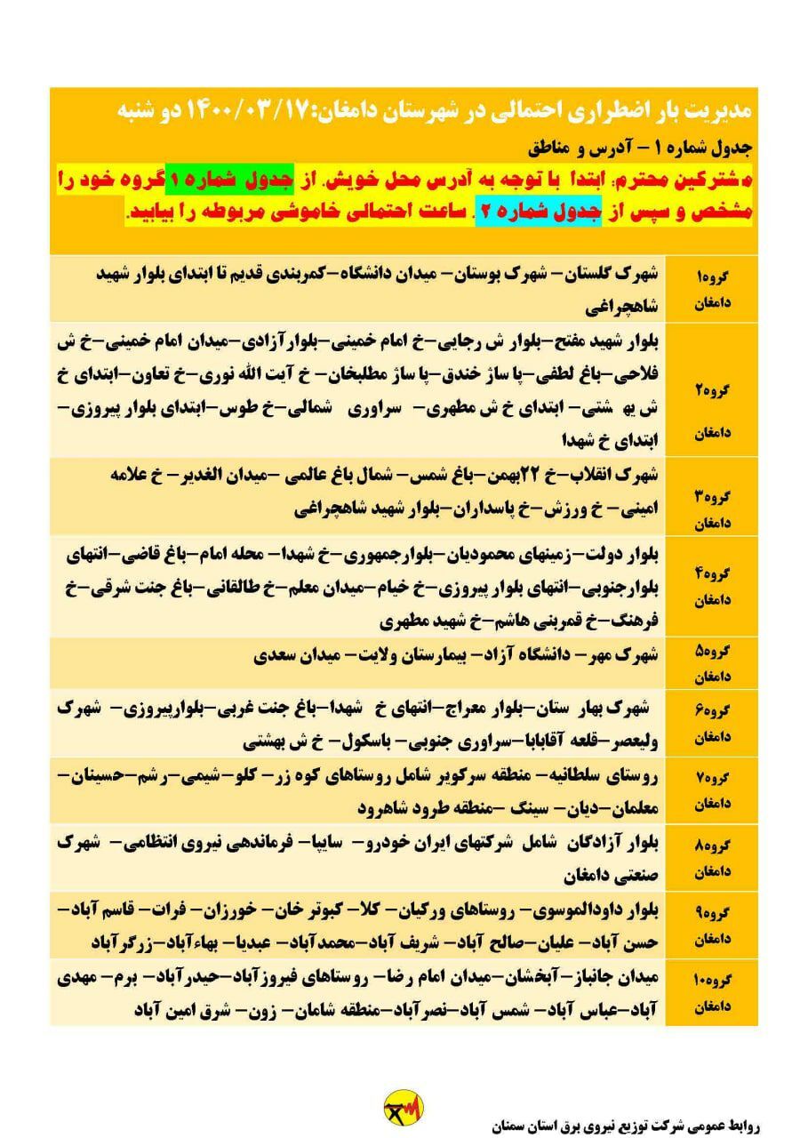 برنامه مدیریت بار اضطراری برق هفدهم خرداد در استان سمنان