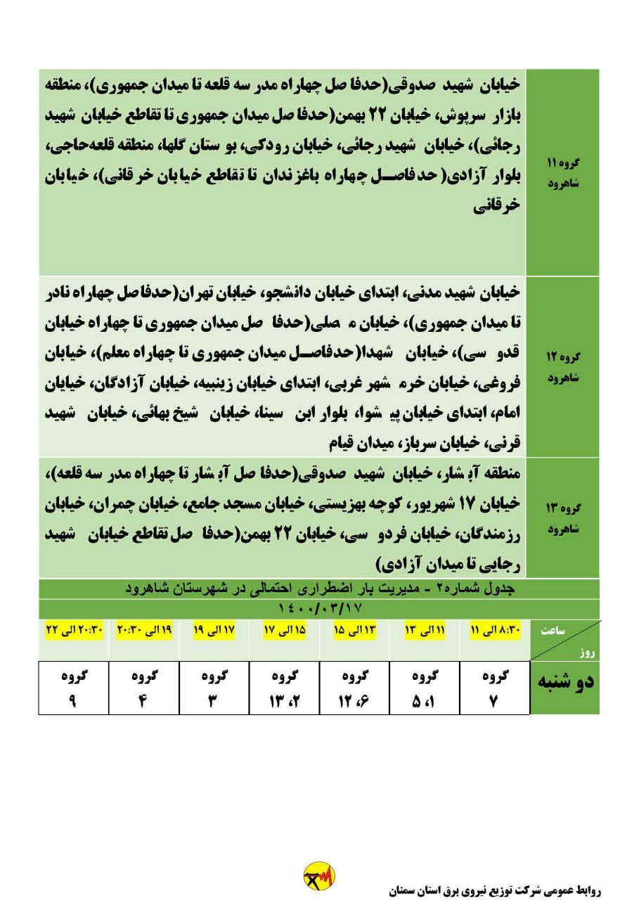 برنامه مدیریت بار اضطراری برق هفدهم خرداد در استان سمنان