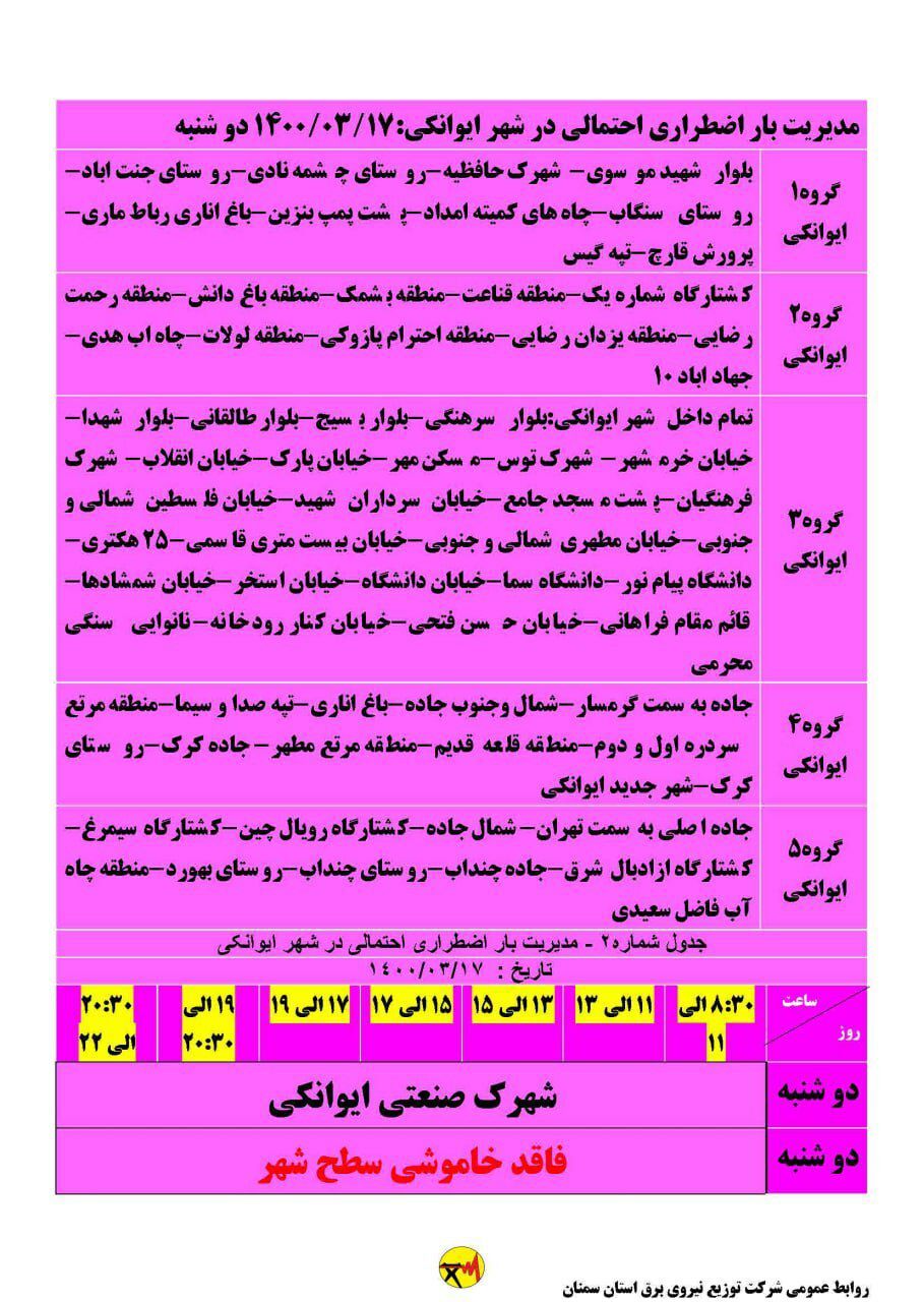 برنامه مدیریت بار اضطراری برق هفدهم خرداد در استان سمنان