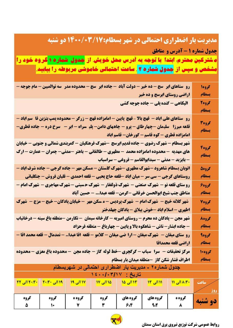 برنامه مدیریت بار اضطراری برق هفدهم خرداد در استان سمنان