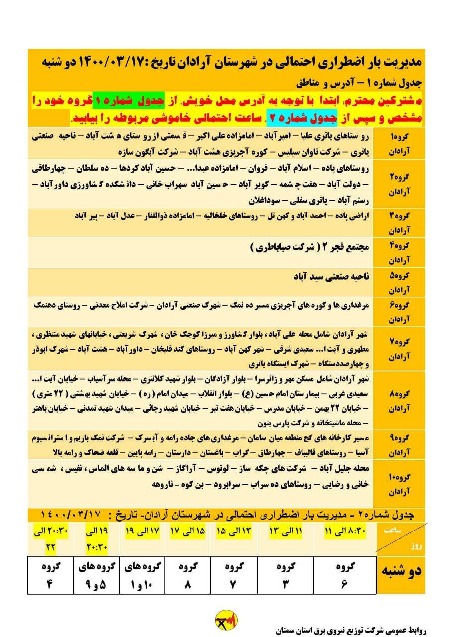 برنامه مدیریت بار اضطراری برق هفدهم خرداد در استان سمنان