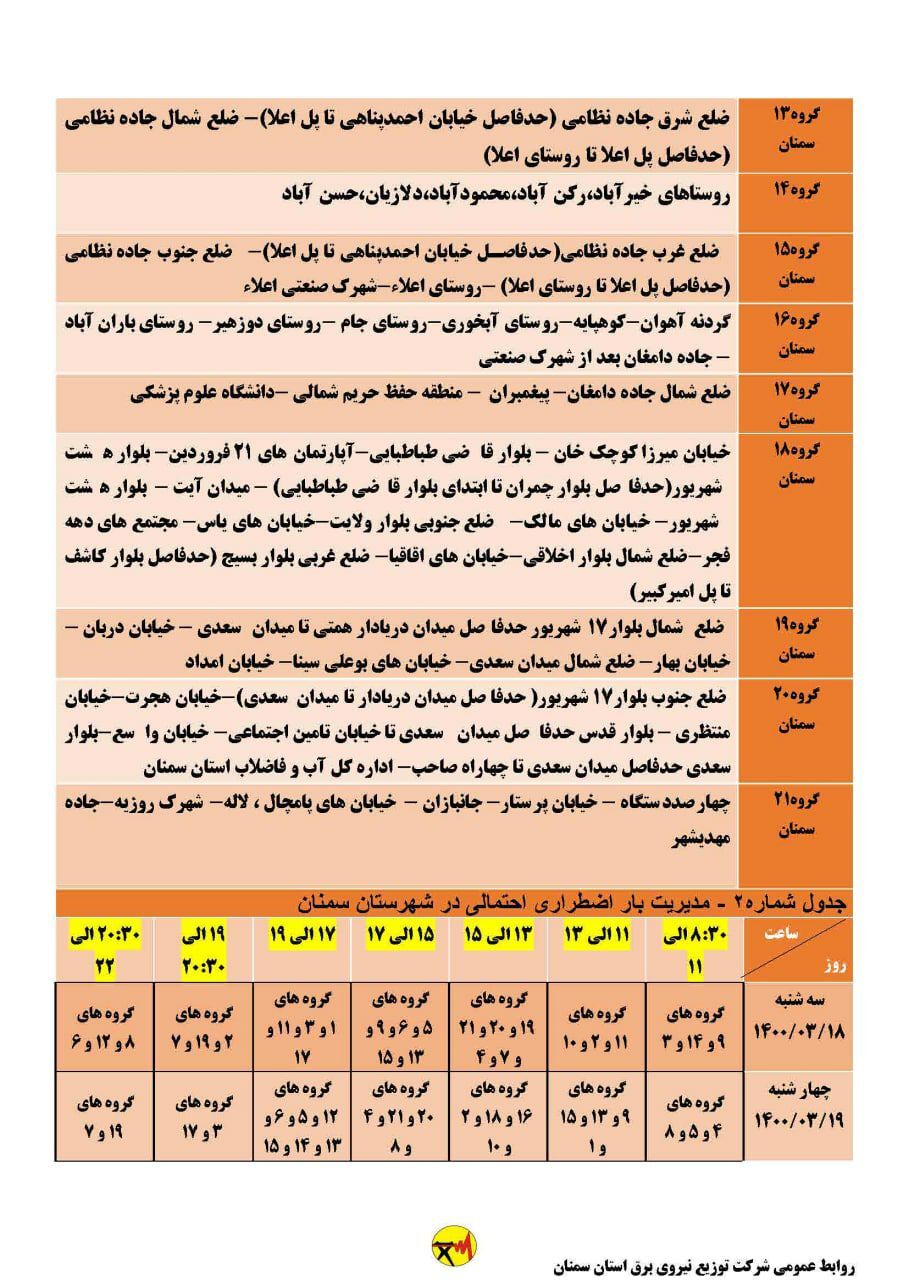 برنامه مدیریت بار اضطراری برق هجدهم خرداد در استان سمنان