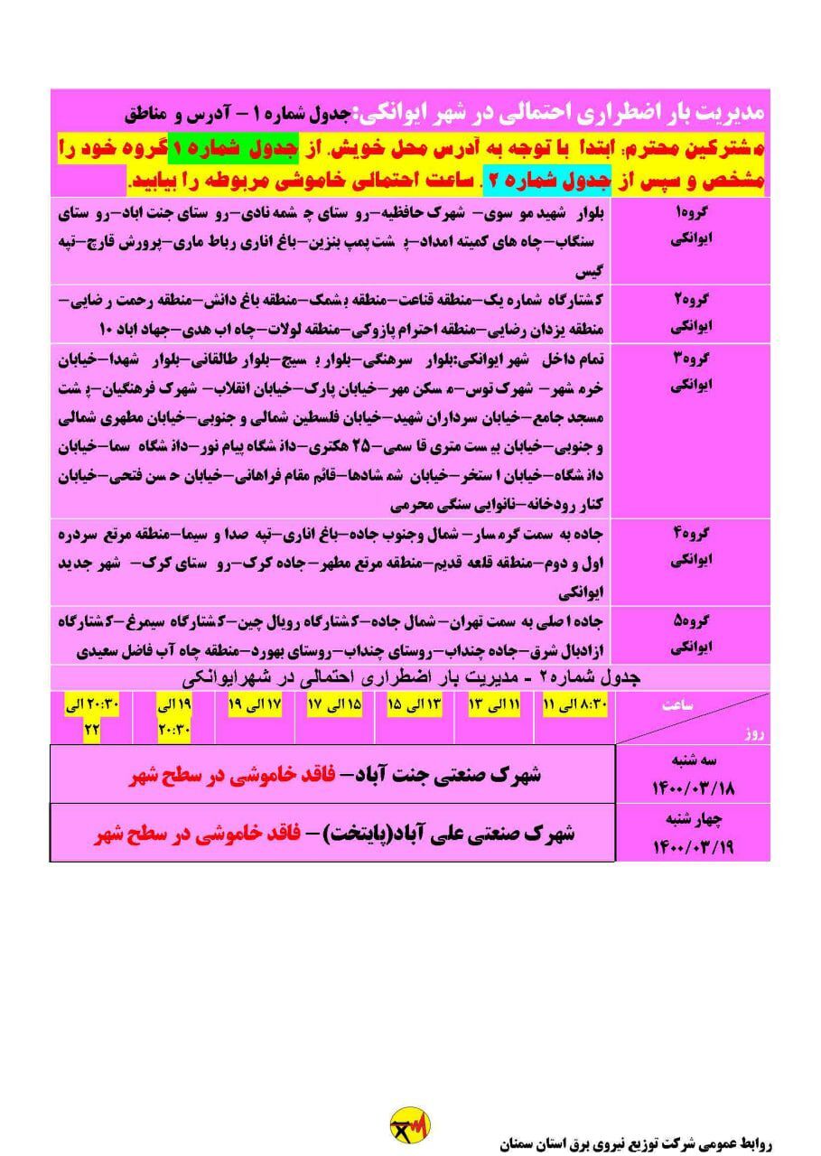 برنامه مدیریت بار اضطراری برق هجدهم خرداد در استان سمنان