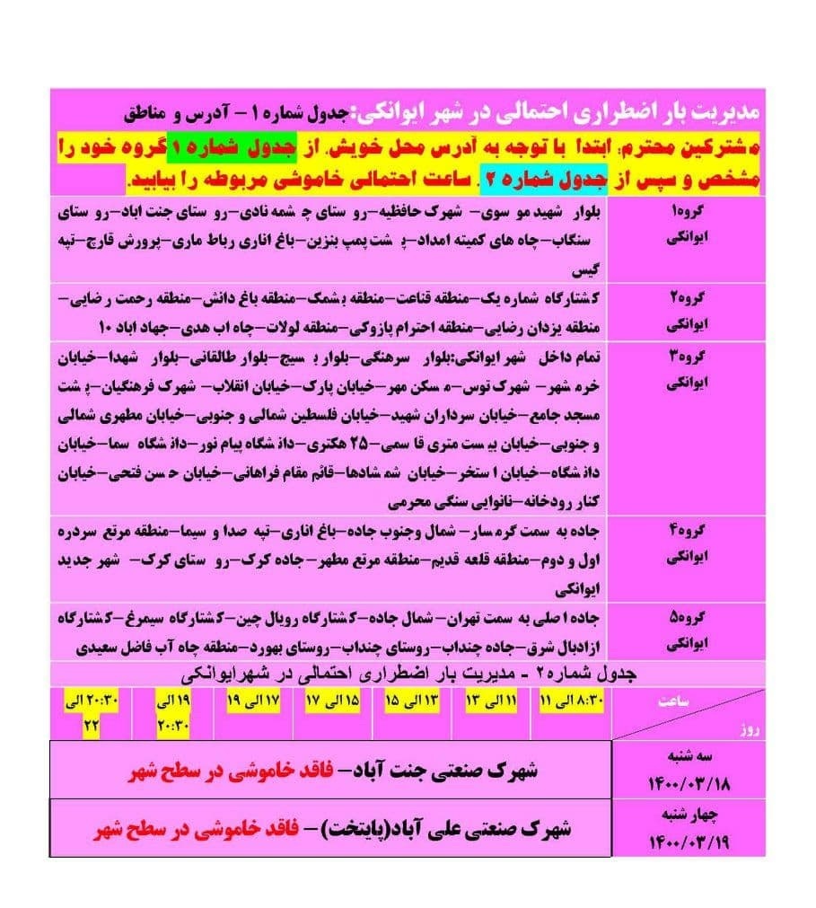 برنامه مدیریت بار اضطراری برق نوزدهم خرداد در استان سمنان