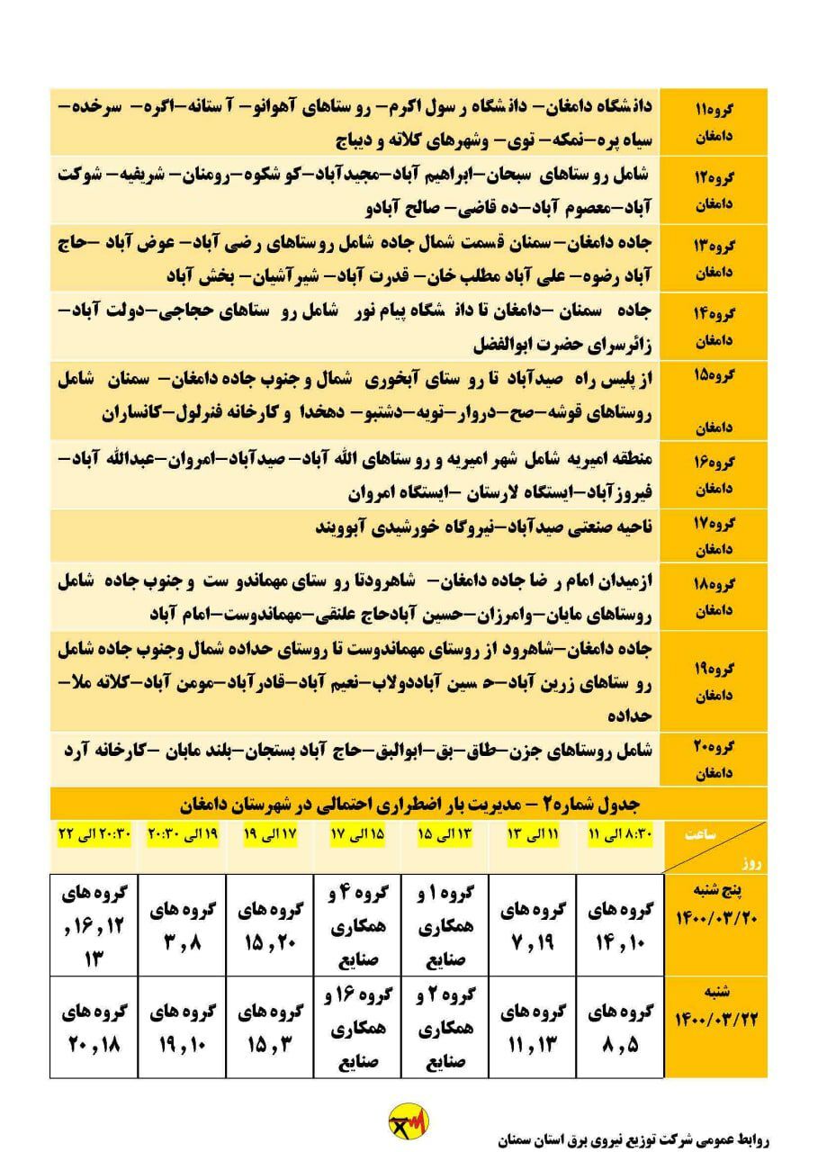 برنامه مدیریت بار اضطراری برق ۲۰ و ۲۲ خرداد در استان سمنان