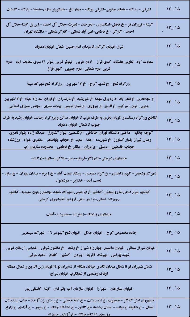 زمانبندی قطع برق در مناطق مختلف تهران از ساعات ۱۳ تا ۱۵