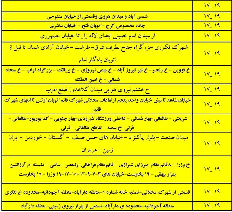 زمانبندی قطع برق در مناطق مختلف تهران از ساعات ۱۷ تا ۱۹ زمانبندی قطع برق در مناطق مختلف تهران از ساعات ۱۷ تا ۱۹