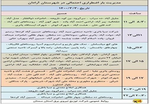 اعلام برنامه مدیریت بار اضطراری برق سوم خرداد در استان سمنان