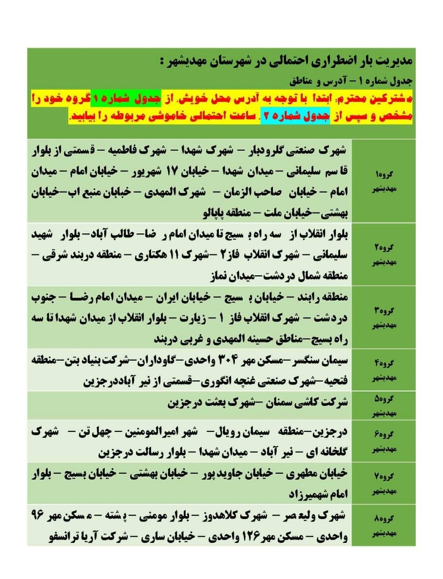 برنامه مدیریت بار اضطراری برق ۲۰ و ۲۲ خرداد در استان سمنان