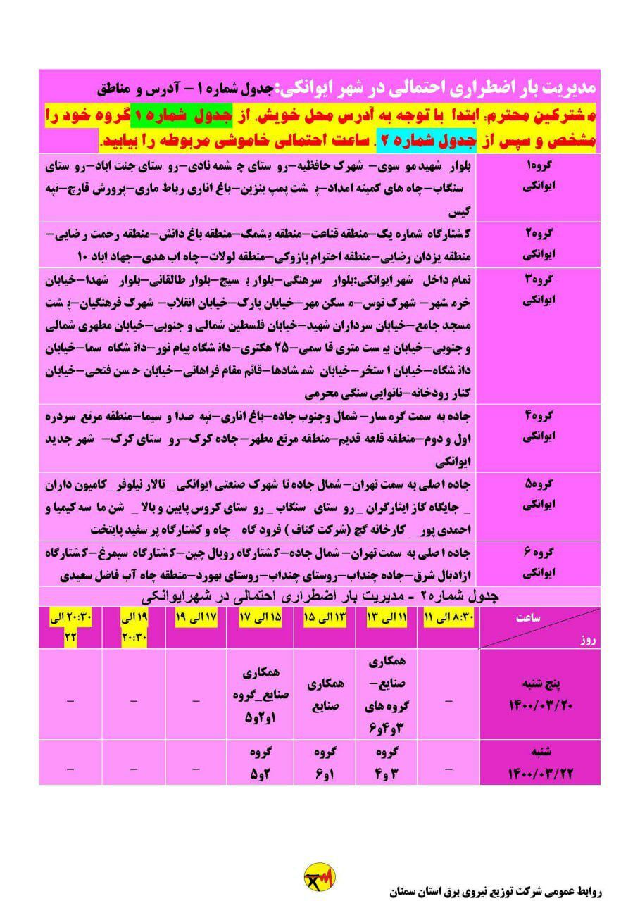 برنامه مدیریت بار اضطراری برق ۲۰ و ۲۲ خرداد در استان سمنان