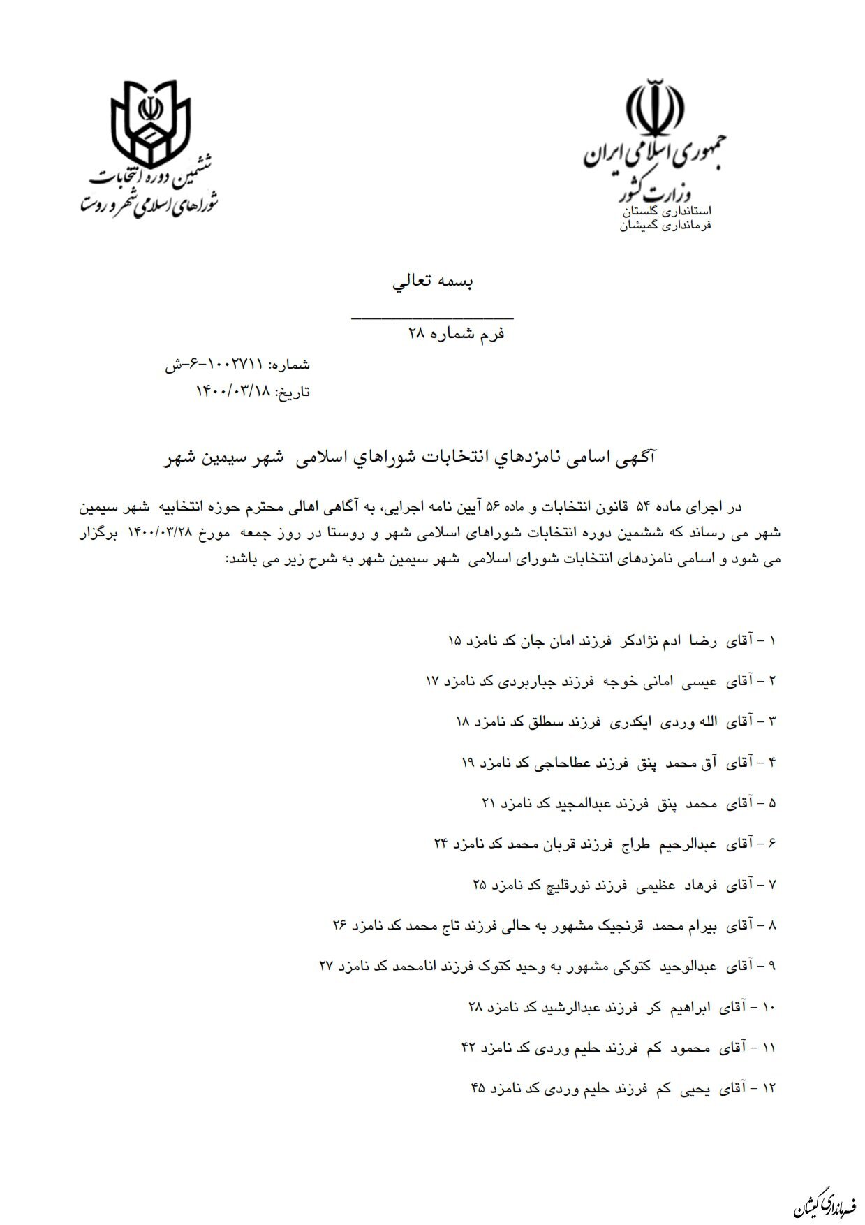 انتشار آگهی اسامی نامزدهای انتخابات شوراهای اسلامی شهر گمیش تپه و سیمین شهر
