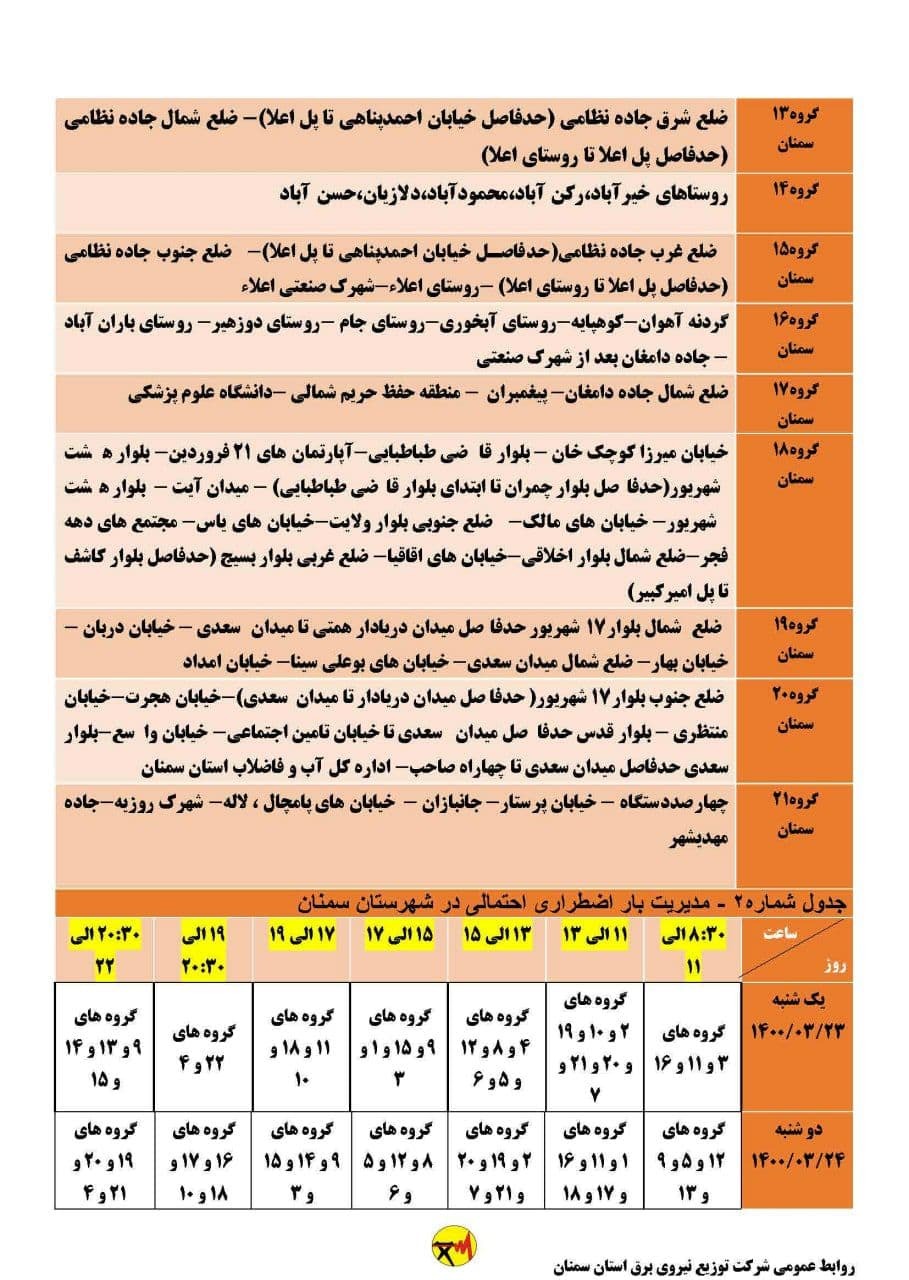 برنامه مدیریت بار اضطراری برق بیست و سوم خرداد در استان سمنان