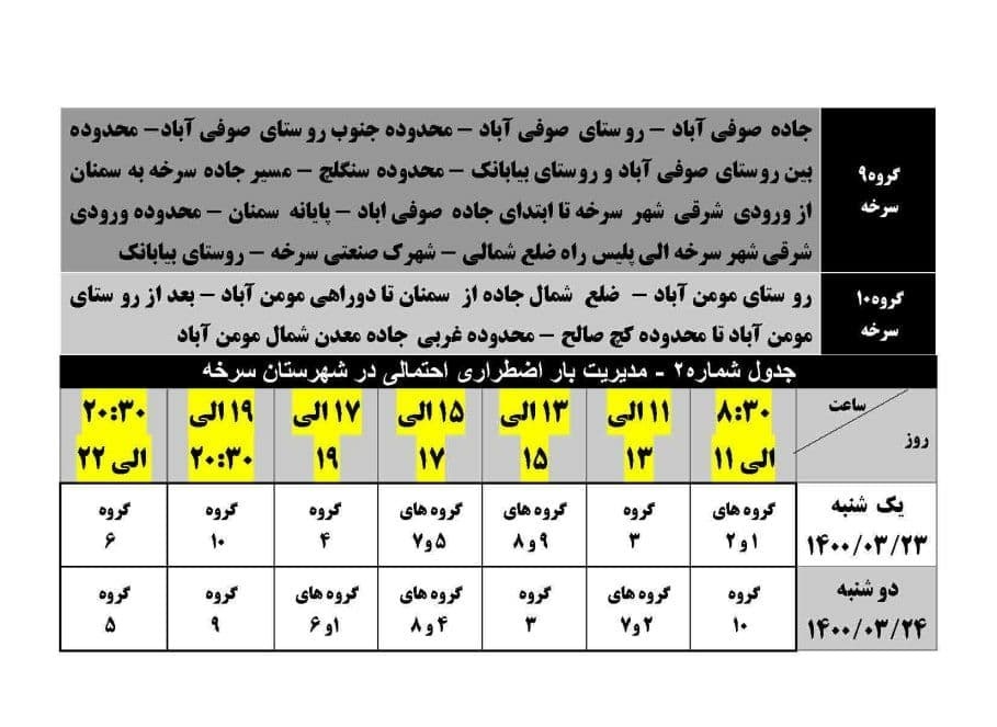 برنامه مدیریت بار اضطراری برق بیست و سوم خرداد در استان سمنان