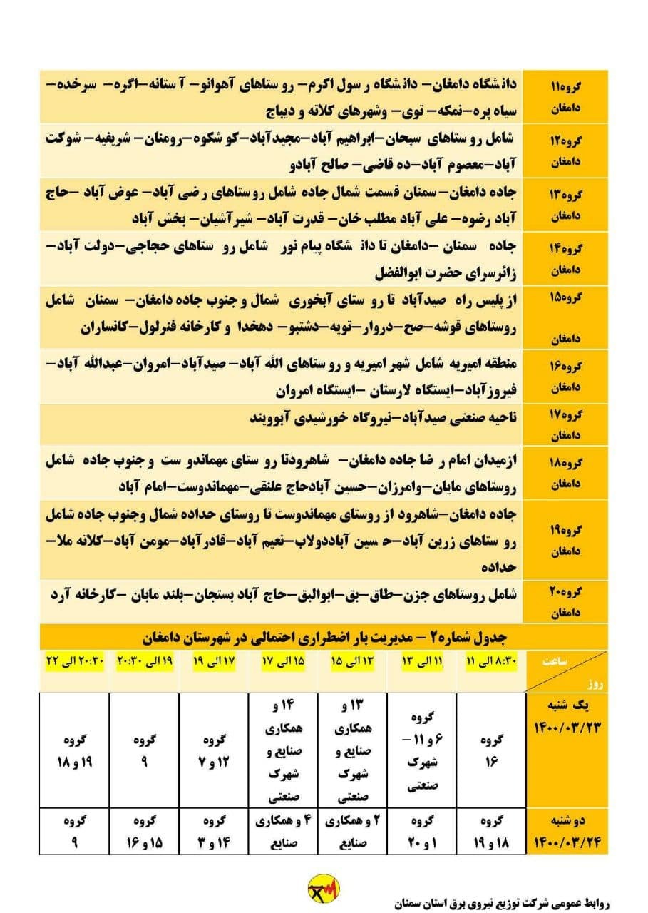 برنامه مدیریت بار اضطراری برق بیست و سوم خرداد در استان سمنان