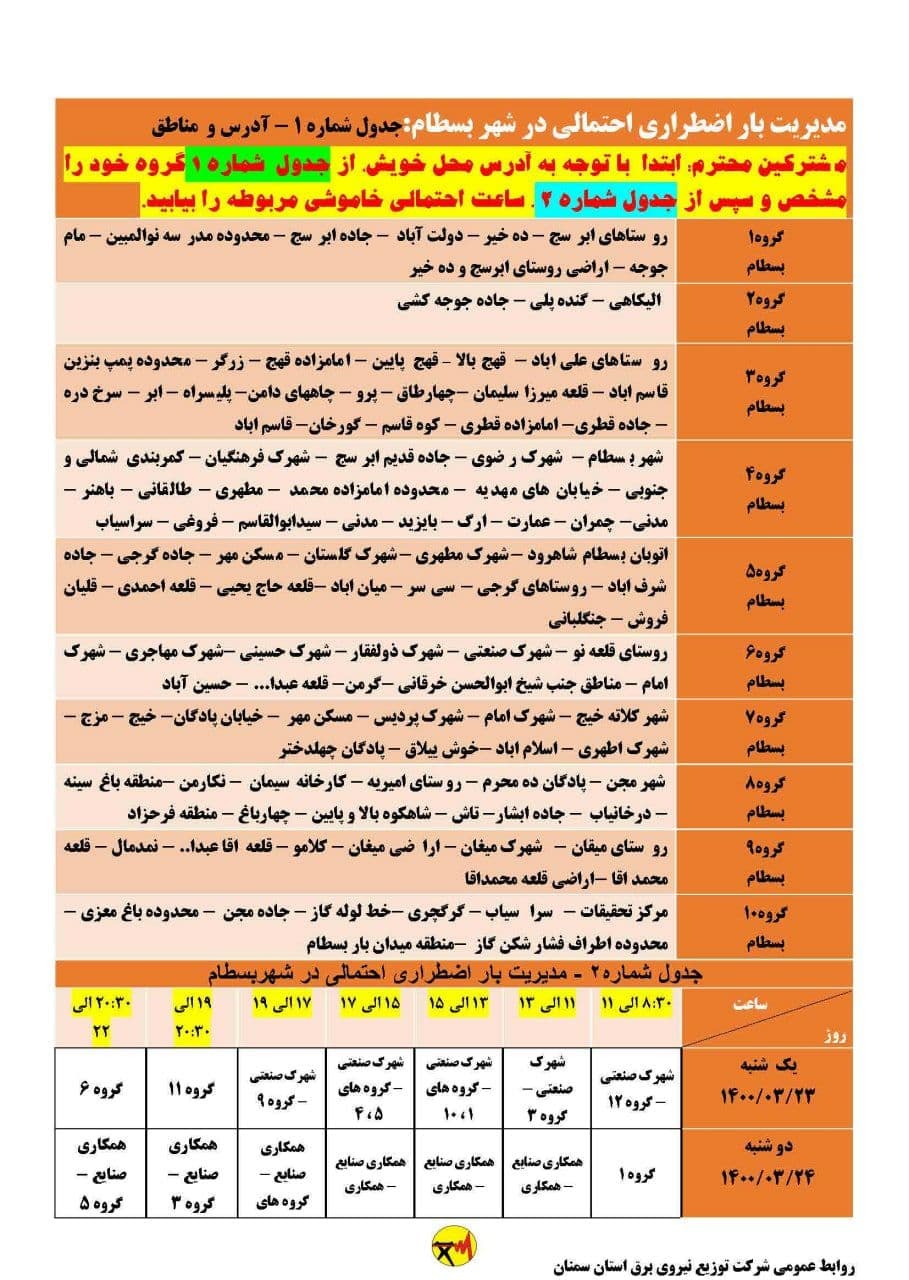 برنامه مدیریت بار اضطراری برق بیست و سوم خرداد در استان سمنان