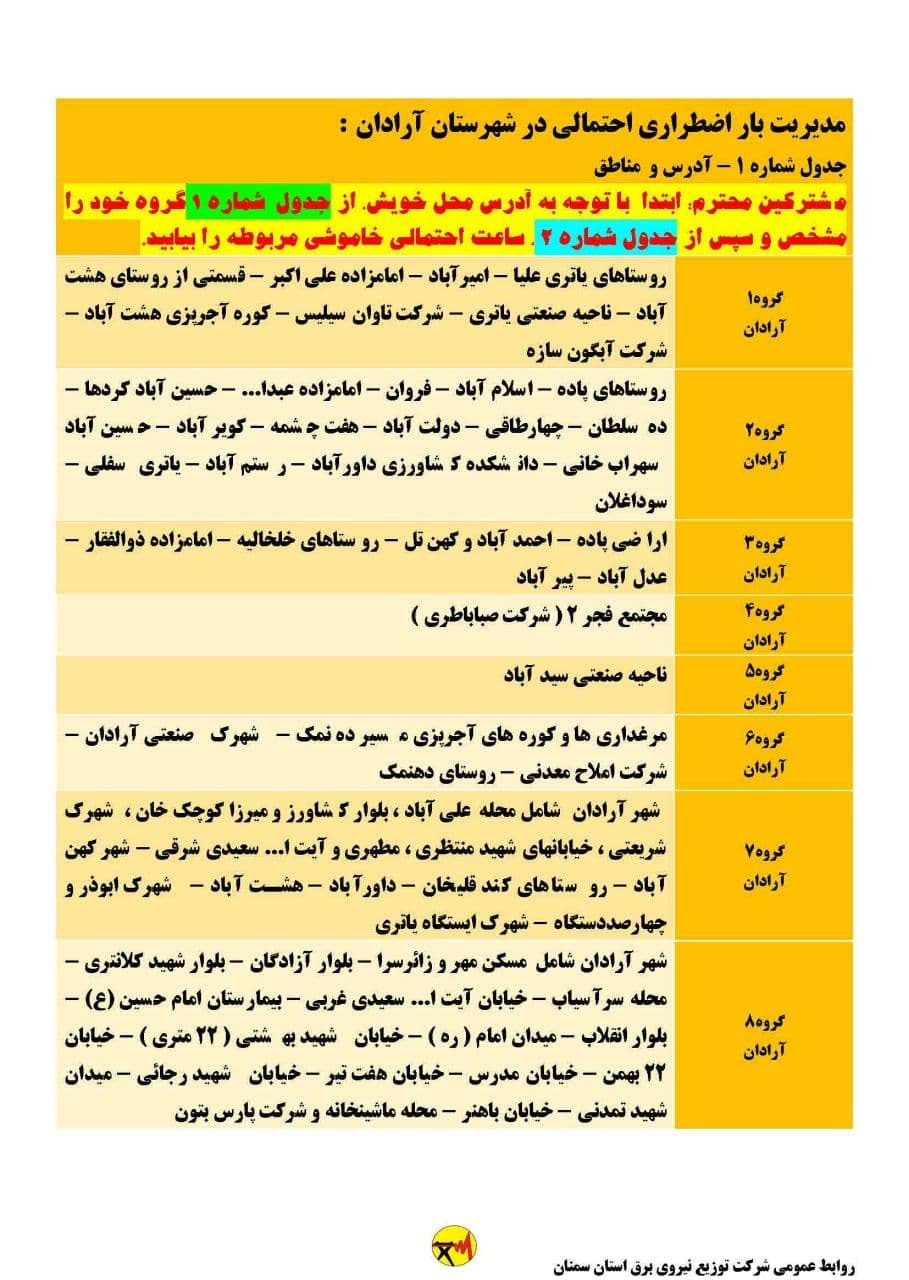 برنامه مدیریت بار اضطراری برق بیست و چهارم خرداد در استان سمنان