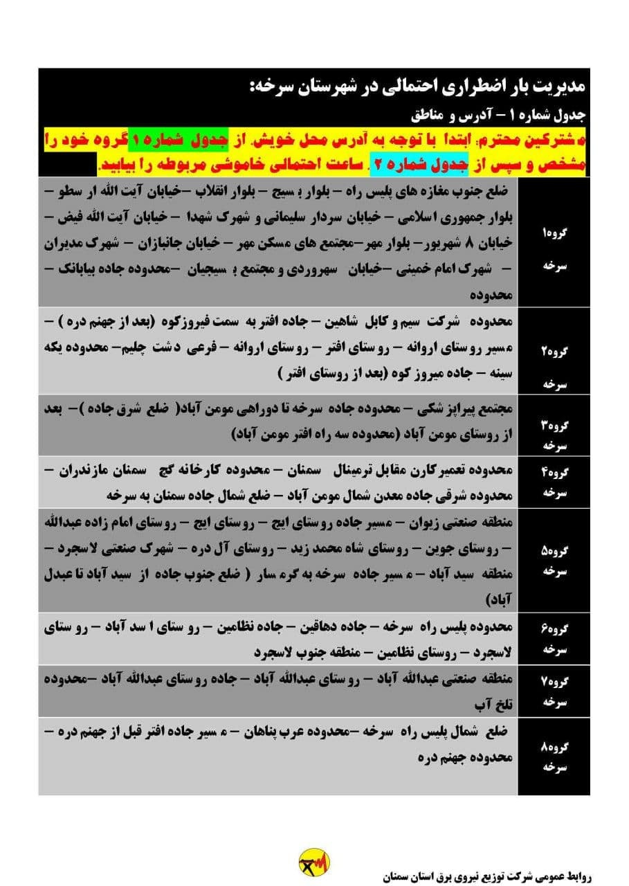 برنامه مدیریت بار اضطراری برق بیست و چهارم خرداد در استان سمنان