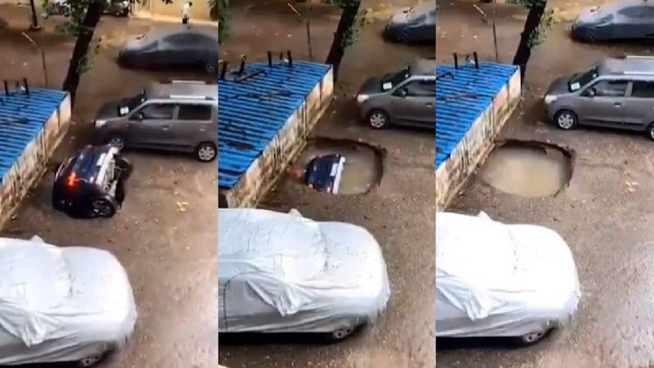 بلعیده شدن خودرو توسط گودال بزرگ پارکینگ!