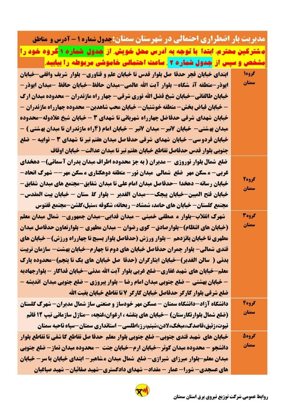 برنامه مدیریت بار اضطراری برق بیست و پنجم خرداد در استان سمنان