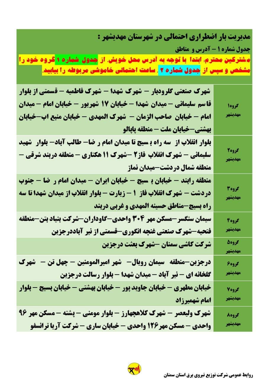 برنامه مدیریت بار اضطراری برق بیست و پنجم خرداد در استان سمنان