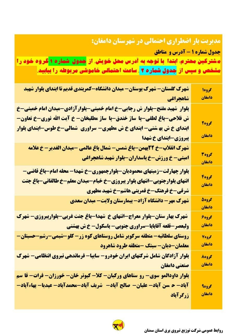 برنامه مدیریت بار اضطراری برق بیست و پنجم خرداد در استان سمنان