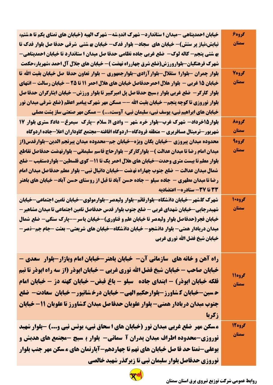 برنامه مدیریت بار اضطراری برق بیست و ششم خرداد در استان سمنان
