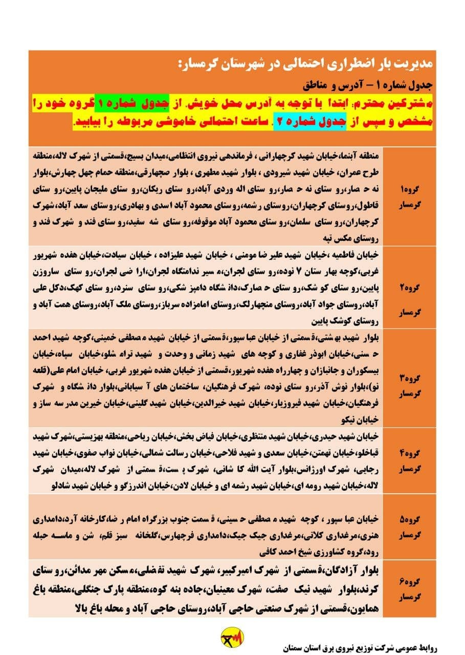 برنامه مدیریت بار اضطراری برق بیست و ششم خرداد در استان سمنان