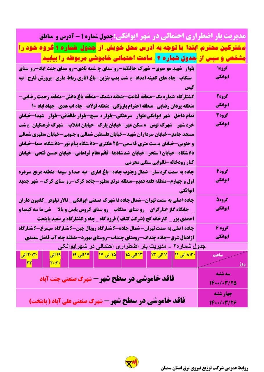 برنامه مدیریت بار اضطراری برق بیست و ششم خرداد در استان سمنان
