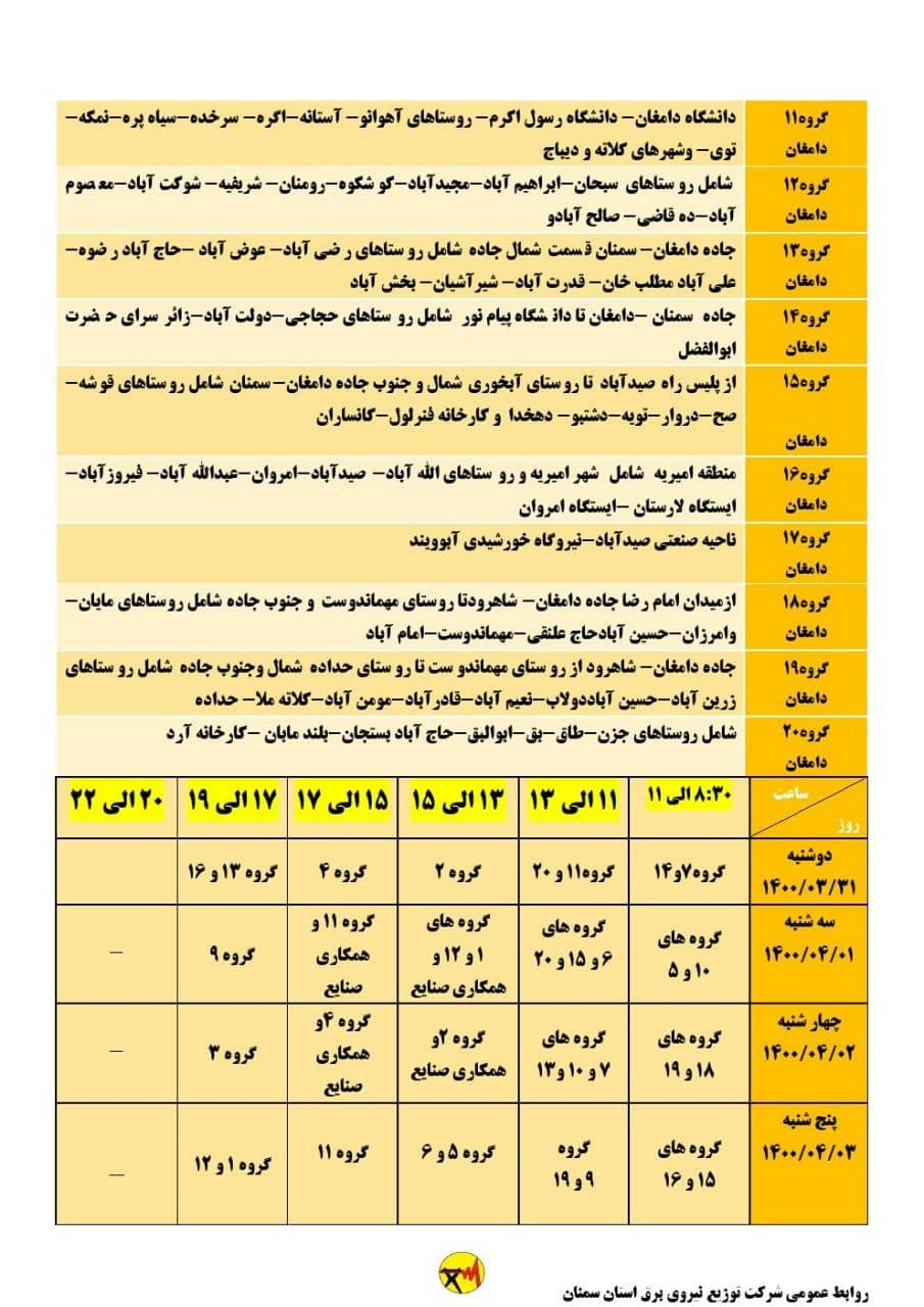 برنامه مدیریت بار اضطراری برق سی و یکم خرداد در استان سمنان