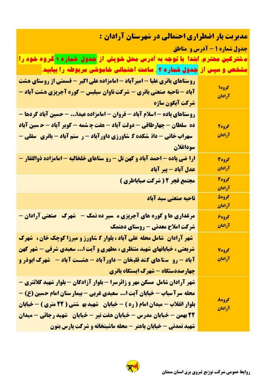 برنامه مدیریت بار اضطراری برق سی و یکم خرداد در استان سمنان