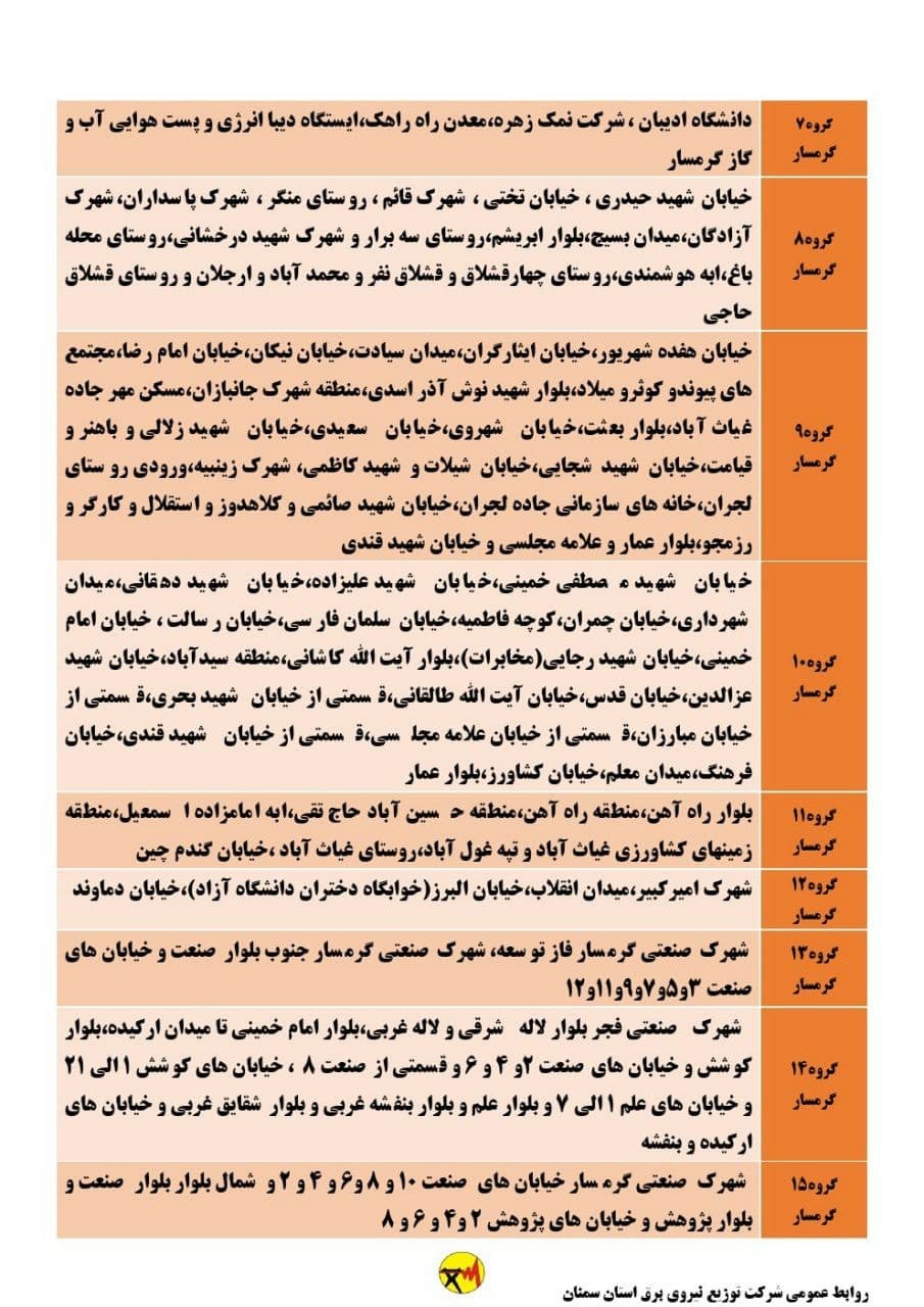 برنامه مدیریت بار اضطراری برق سی و یکم خرداد در استان سمنان