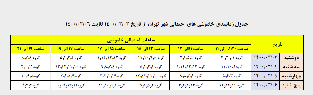زمانبندی قطع برق در مناطق مختلف تهران از ساعت ۱۵ تا ۱۷
