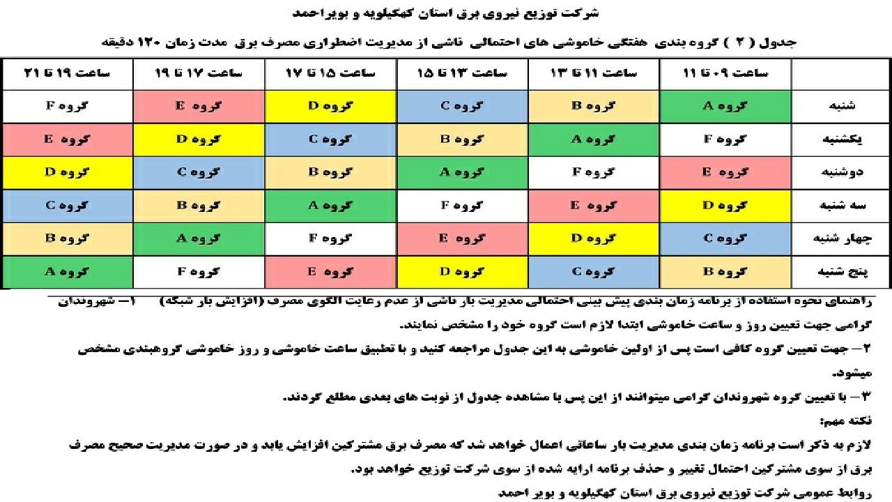 جدول زمان بندی قطعی برق اعلام شد