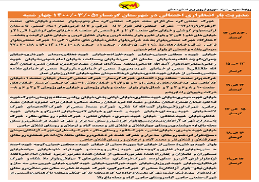 اعلام برنامه مدیریت بار اضطراری برق پنجم خرداد در استان سمنان اعلام برنامه مدیریت بار اضطراری برق پنجم خرداد در استان سمنان