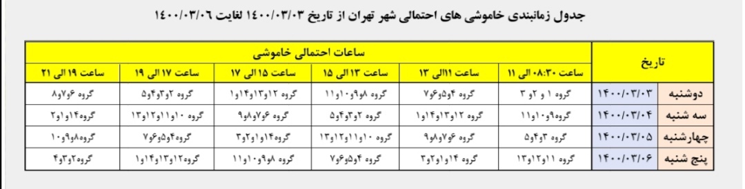 زمانبندی قطع برق در مناطق مختلف تهران از ساعت ۸:۳۰ تا ۱۱