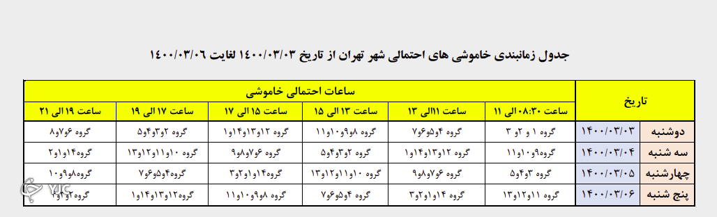 زمانبندی قطع برق در مناطق مختلف تهران از ساعت ۱۹ تا ۲۱