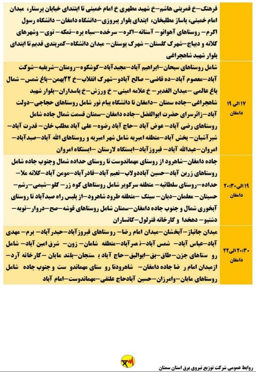 اعلام برنامه مدیریت بار اضطراری برق هشتم خرداد در استان سمنان