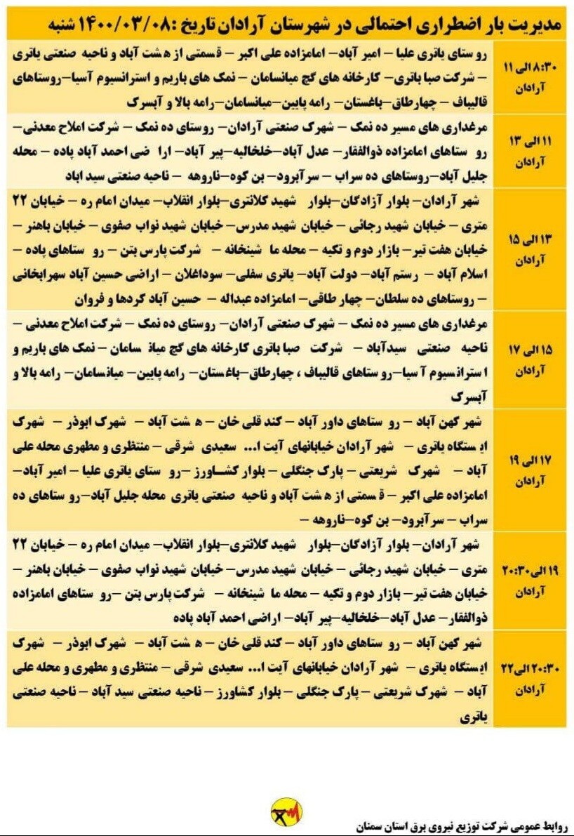 اعلام برنامه مدیریت بار اضطراری برق هشتم خرداد در استان سمنان