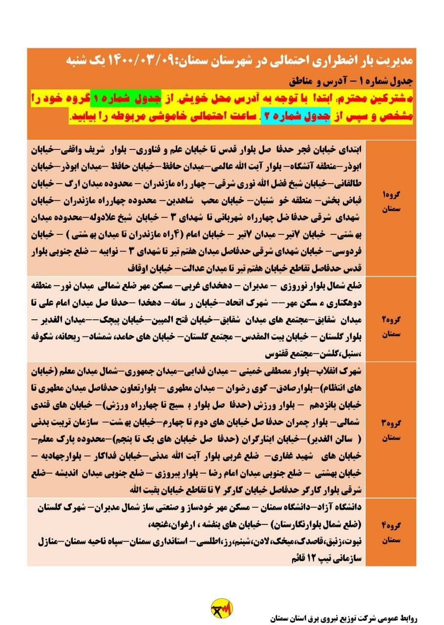 اعلام برنامه مدیریت بار اضطراری برق نهم خرداد در استان سمنان+تصاویر